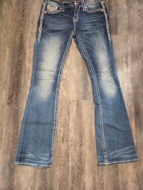 Rock Revival Jeans Womens 28 Bootcut Embroidered Distressed Whiskered Blue Denim